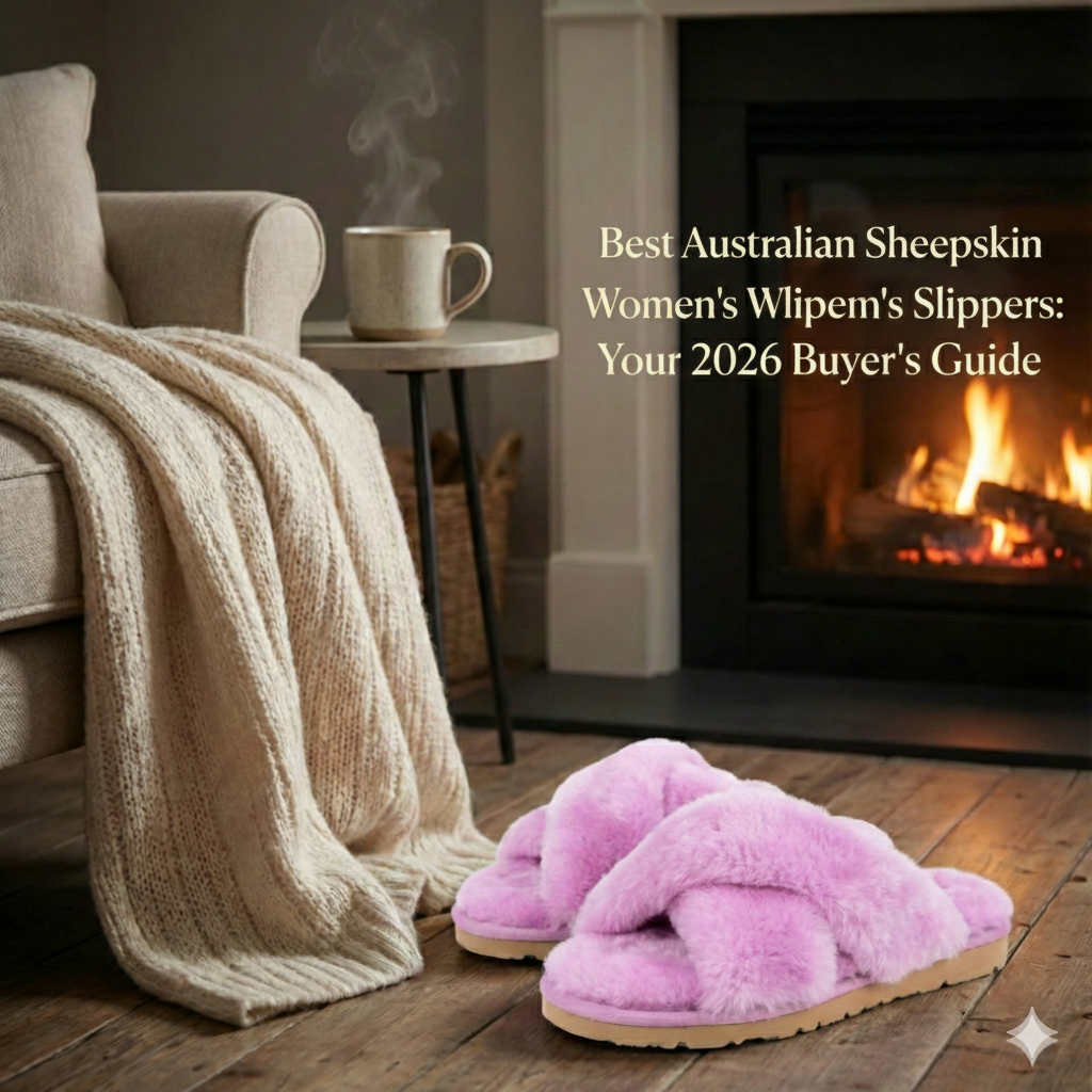 Woman wearing Australian sheepskin moccasins working from home