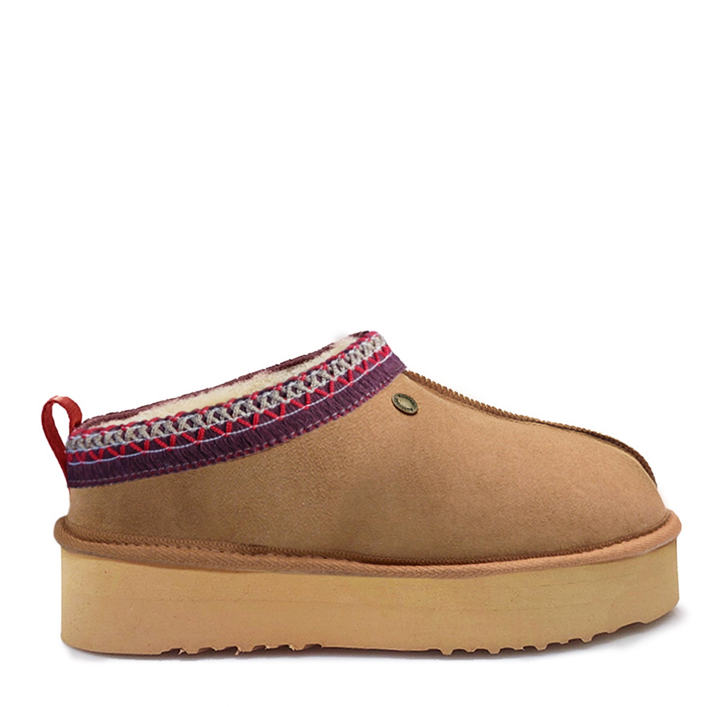 Side profile of the Jasper sheepskin platform boot showing the 4cm elevated sole and suede texture.