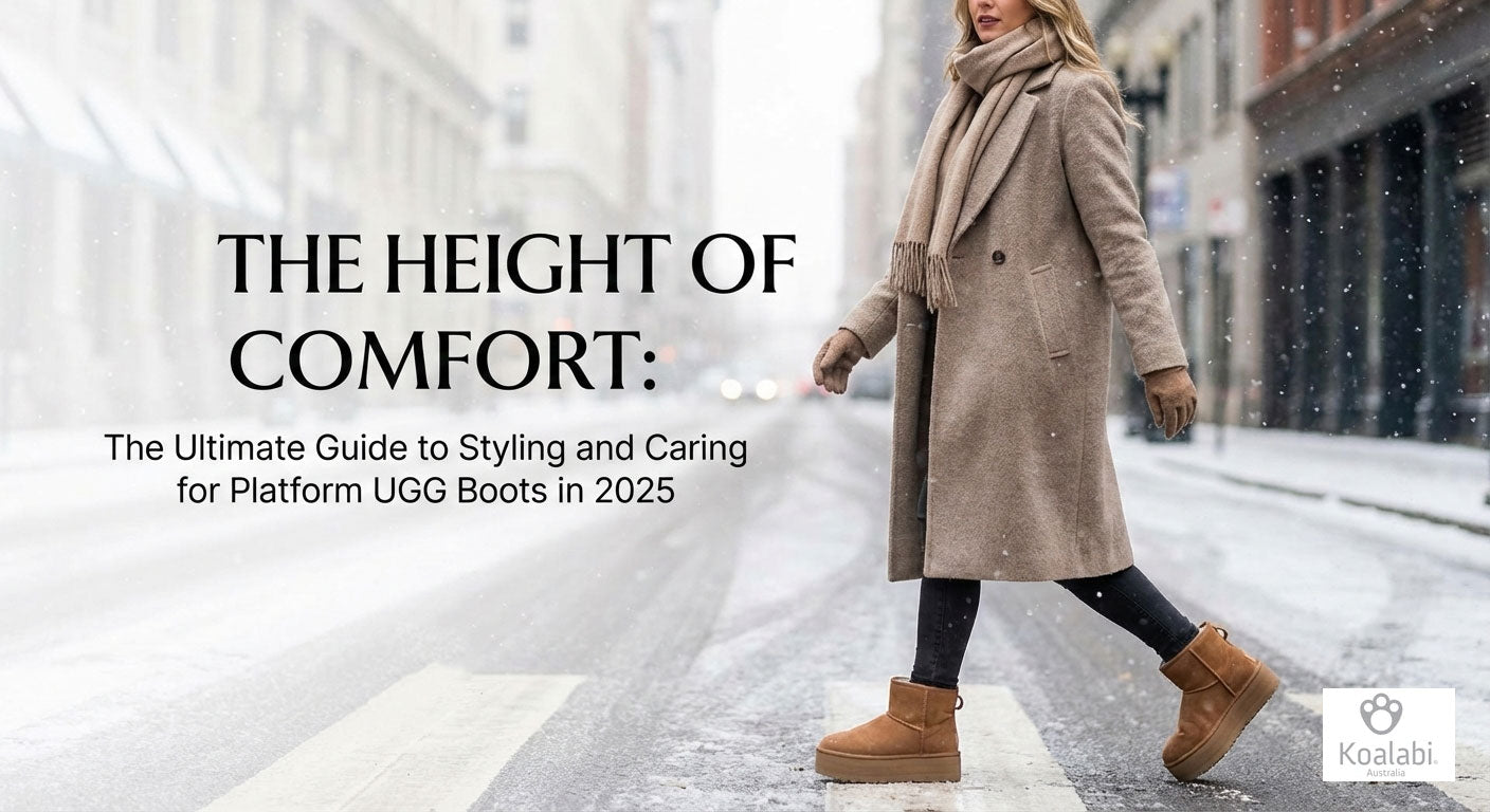 Woman wearing chestnut platform ugg boots walking on a city street during winter