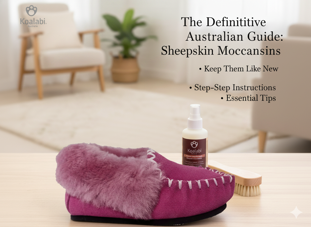 hand-cleaning a suede sheepskin moccasin slipper with a soft brush, following the steps in the definitive care guide.