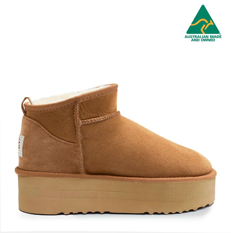 Koalabi Joey Platform Boot in classic Chestnut suede with a 4cm rubber platform sole.