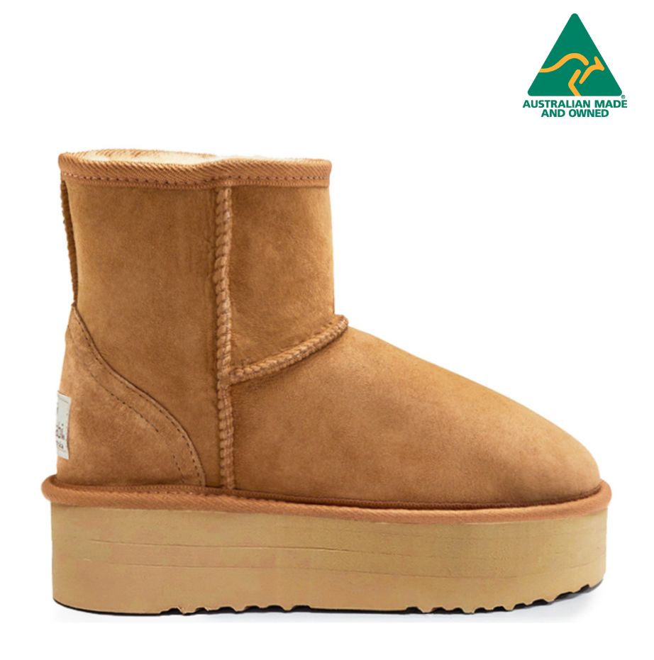 Koalabi Ultra Short Platform Sheepskin Boot in Chestnut, highlighting the ultra-low ankle cut.