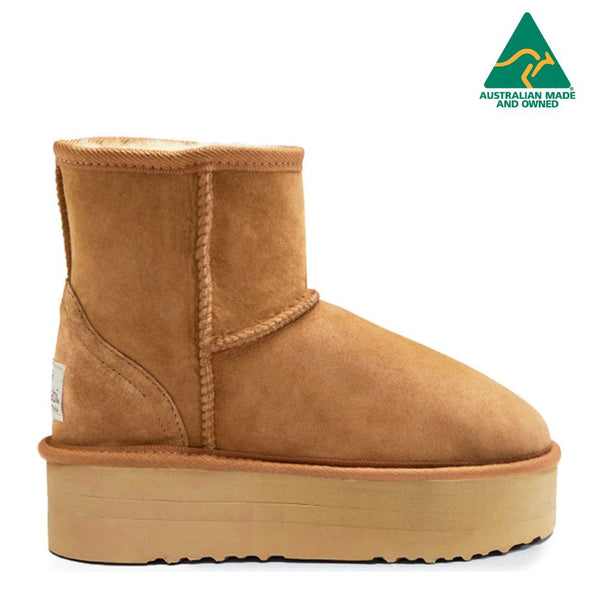 Koalabi Ultra Short Platform Sheepskin Boot in Chestnut, highlighting the ultra-low ankle cut.