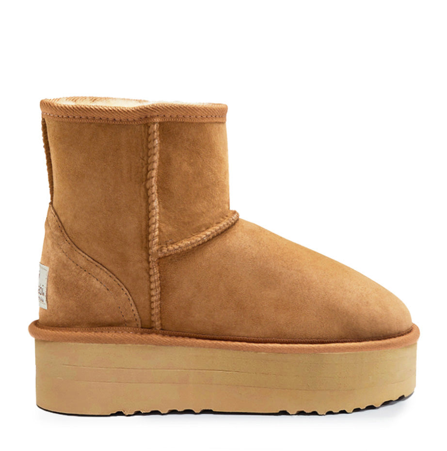 Top-down view of the Ultra Short Platform boots showing the thick sheepskin spill seam.
