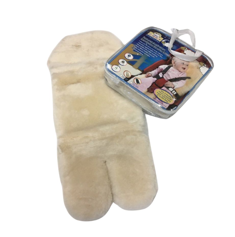 A beige Australian sheepskin stroller liner displayed alongside its packaging which shows an image of a baby in a stroller with the liner.